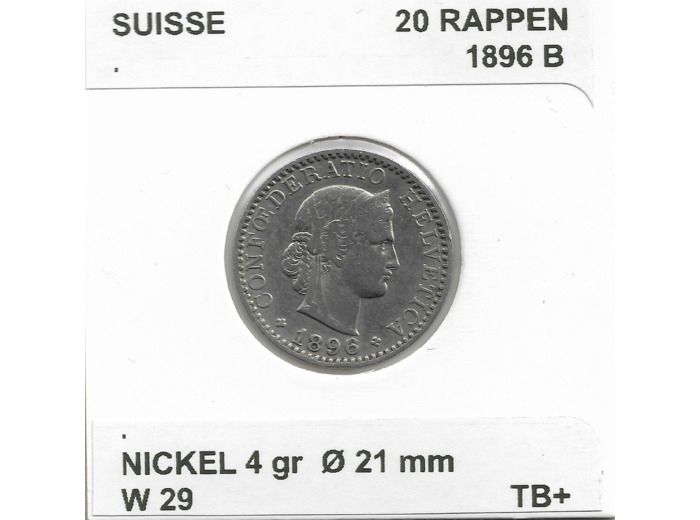 SUISSE 20 RAPPEN 1896 B TB+
