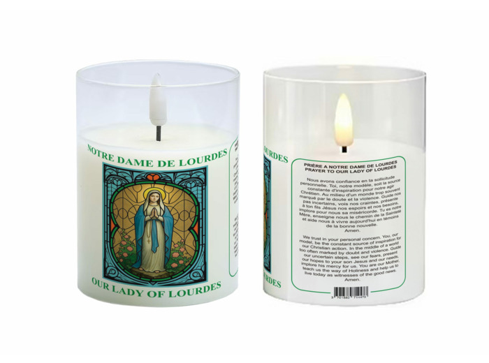 Bougie LED 7.5x10cm - Notre Dame de Lourdes + Prière- sans pile
