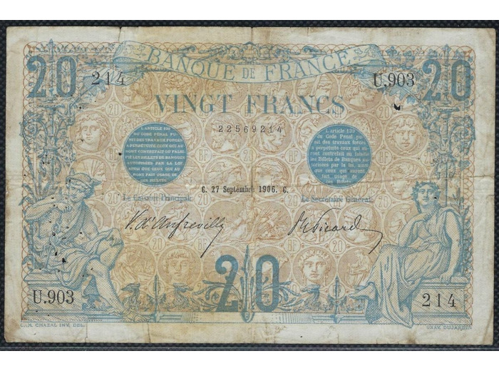 FRANCE 20 FRANCS BLEU 27 SEPTEMBRE 1906 U.903 TB