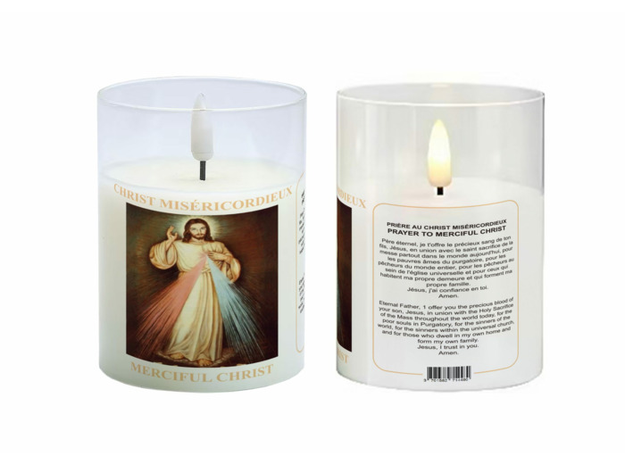 Bougie LED 7.5x10cm - Christ Miséricordieux + Prière - sans pile