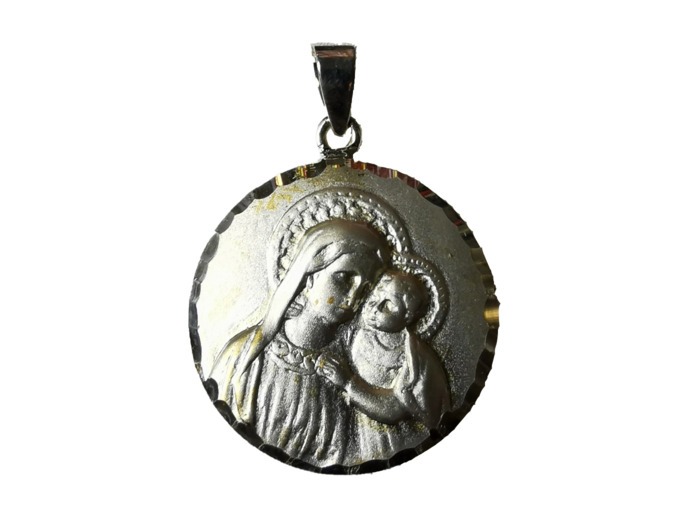 Médaille 18mm en Argent 925 - VIERGE A L'ENFANT Bord Strillé