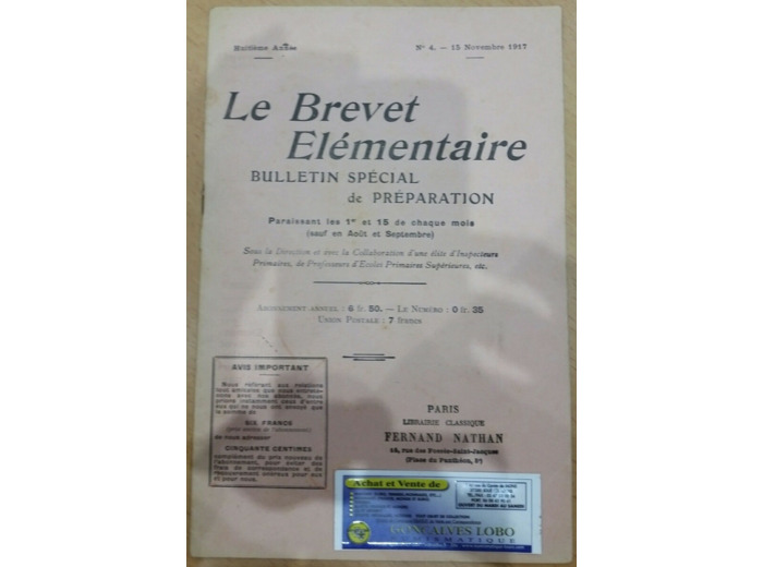 LE BREVET ELEMENTAIRE 15 NOVEMBRE 1917