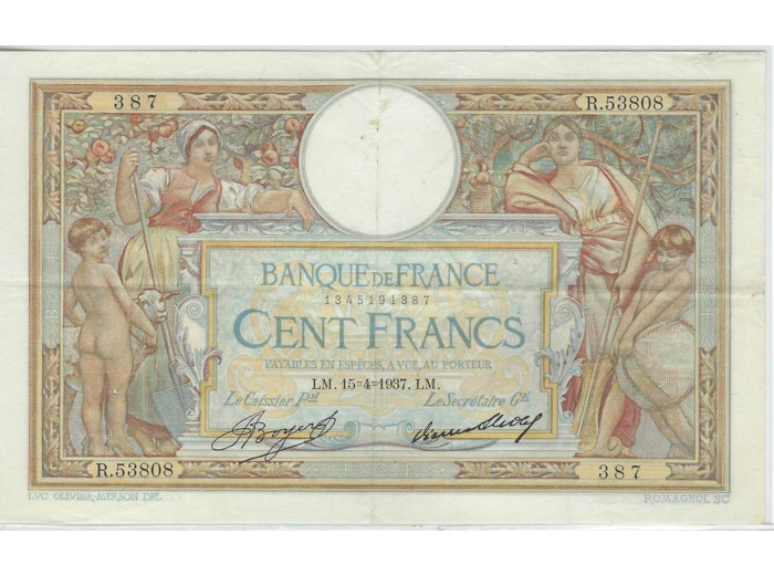 FRANCE 100 FRANCS MERSON SANS LOM 15-4-1937 R.53808 SUP