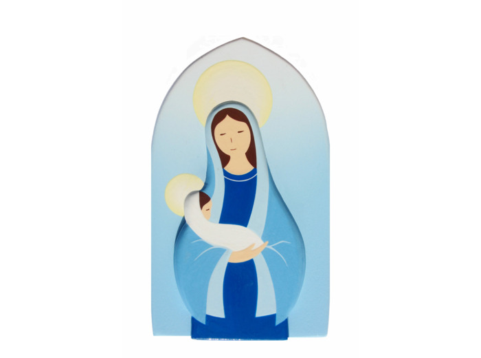 Vierge à l'enfant face, fond bleu 13x8cm