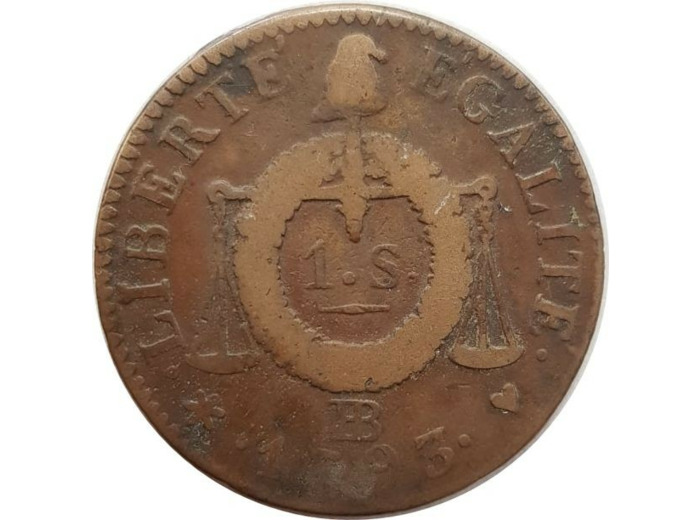 FRANCE 1 SOL AUX BALANCES 1793 BB (Strasbourg) 11gr36 TB+
