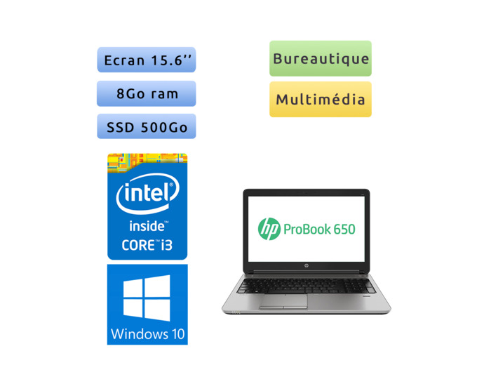 HP ProBook 650 G2 - Windows 10 - i3 8Go 500Go SSD - 15.6 - Webcam - Ordinateur Portable PC - bureautique