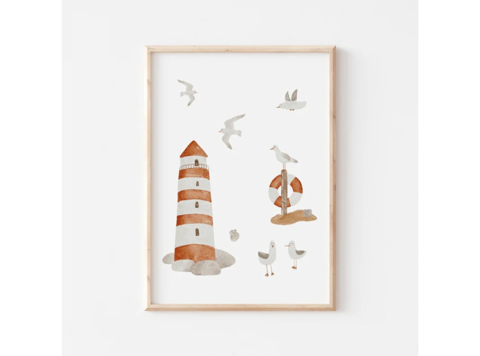 Affiche Enfant encadrée, Phare et Mouettes