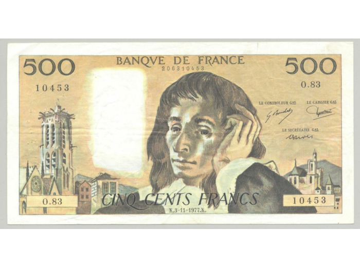 FRANCE 500 FRANCS PASCAL SERIE O.83 3-11-1977 TTB+