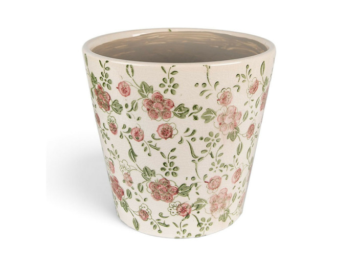 Pot motif floral rose vert céramique beige 17x17x16cm