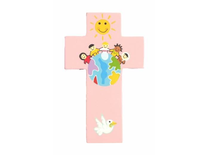 Croix Enfants du Monde rose 12x7,5cm