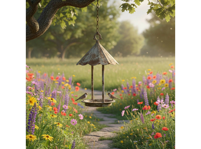 Mangeoire oiseaux fer patiné à suspendre 37x20cm