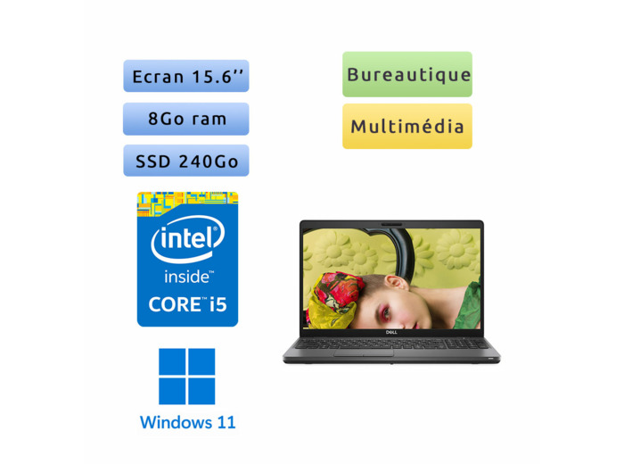 Dell Latitude 5500 - Windows 11 - i5 8Go 240Go SSD - 15.6 - Webcam - Ordinateur Portable PC