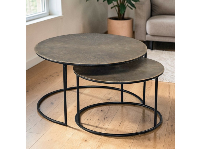 Ensemble de 2 tables basses gigognes aluminium doré noir 76x45cm