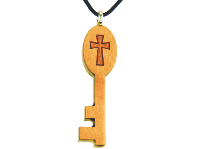 Clé en Bois d'Erable Vernis 4,2cm avec Cordon - CROIX