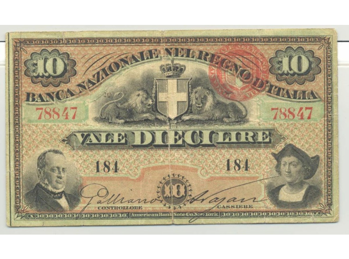 ITALIE 10 LIRA 17-07-1872 SERIE 184 TB+