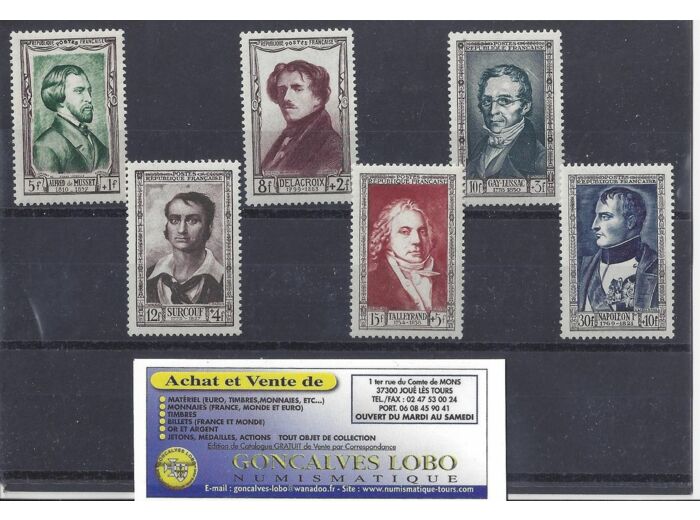 YVERT 891 a 896 CELEBRITES DU XIX Serie 6 Timbres NEUF