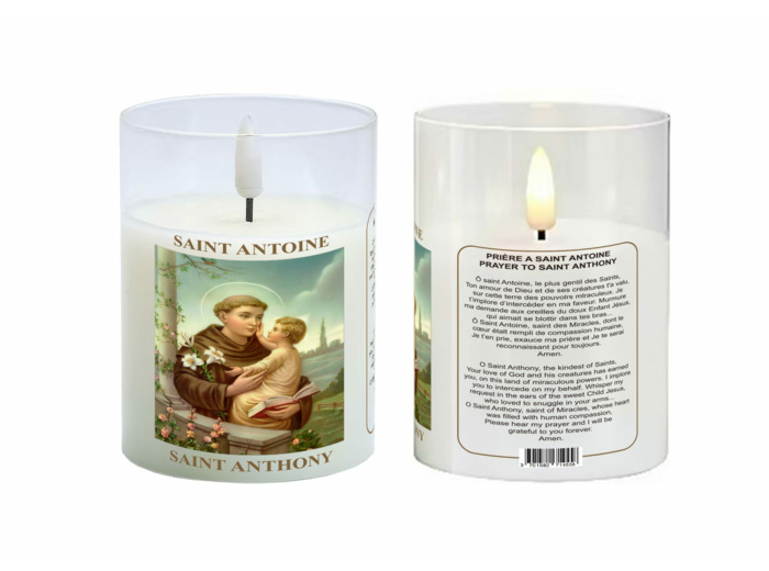 Bougie LED 7.5x10cm - Saint Antoine + Prière - Vendue sans pile