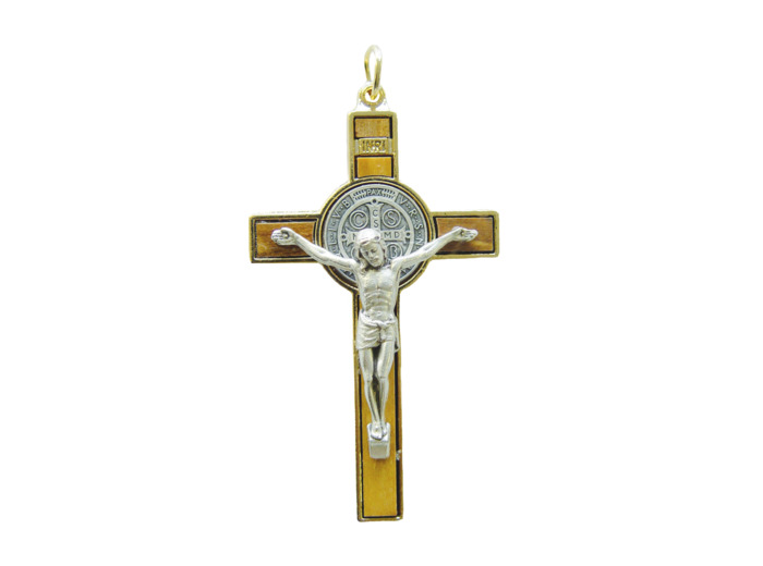 Croix de Saint Benoît en Olivier et Métal Argenté et Doré 8cm