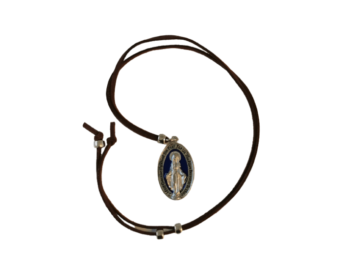 Médaille Miraculeuse 33mm fond Bleu + Cordon simili Cuir réglable