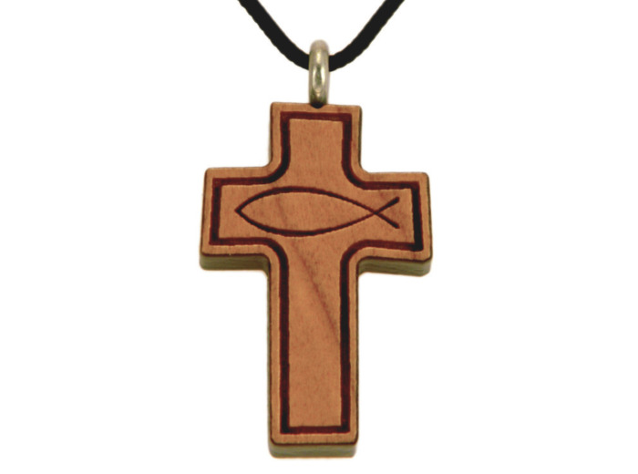 Croix en Bois d'Erable Vernis 2,9cm avec Cordon - POISSON