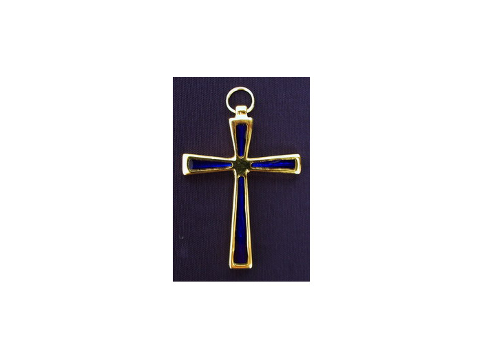 Croix dorée 6,5cm émaillée BLEU + cordon
