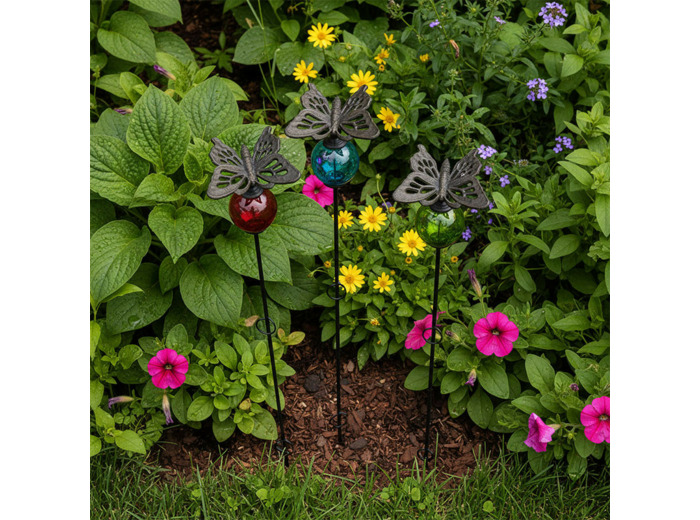 Ensemble 3 tuteurs boules fonte papillon 8x135cm