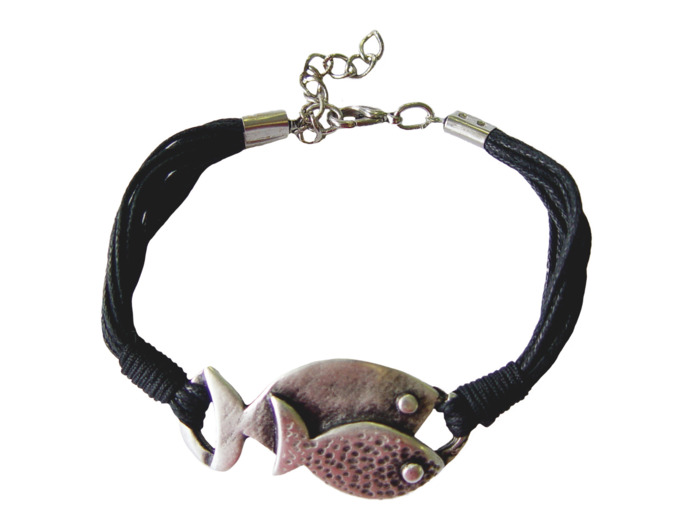 Bracelet sur Corde + Poissons en Métal Argenté - NOIR