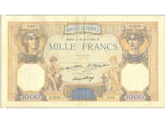FRANCE 1000 FRANCS CERES ET MERCURE SERIE Z.1318 30 avril 1931 TTB