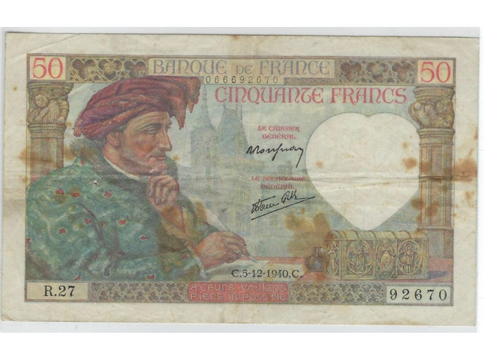 FRANCE 50 FRANCS JACQUES COEUR 5-12-1940 SERIE R.27 TB+