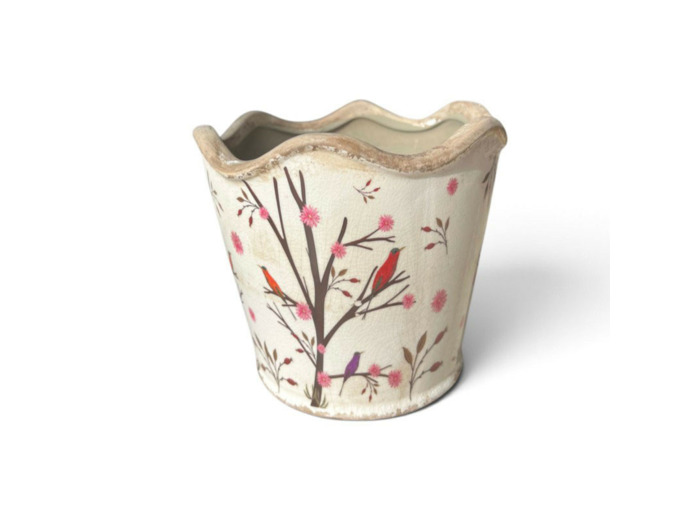 Pot de fleurs céramique branches beige marron 16x15cm