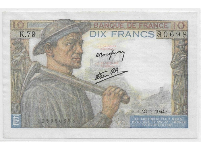 FRANCE 10 FRANCS MINEUR SERIE K.79 20-1-1944 SPL
