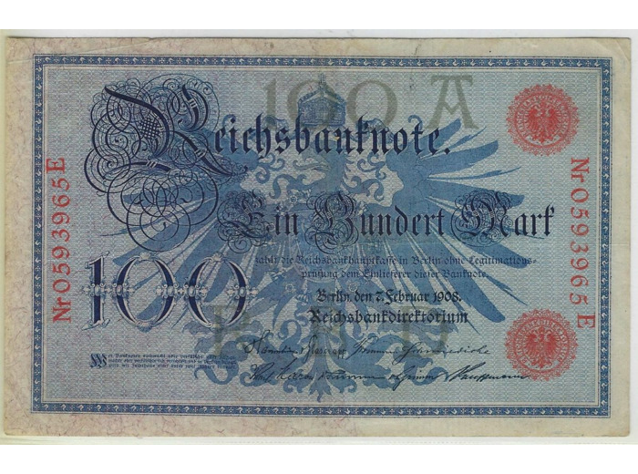 ALLEMAGNE 100 MARK 7 FEVRIER 1908 SERIE E TTB