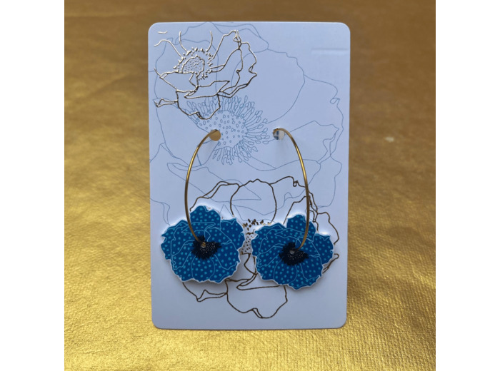 Boucles d'oreilles créoles anémone coloris bleu pois blancs