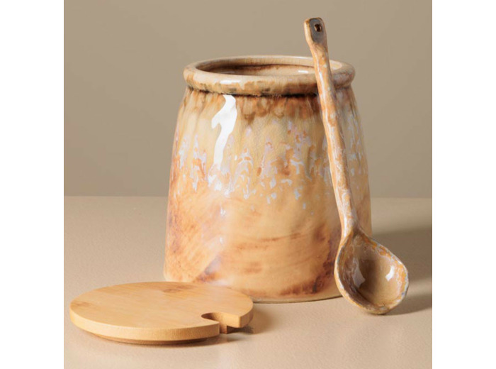 Grand pot à moutarde avec sa cuillère beige en céramique 14x13cm