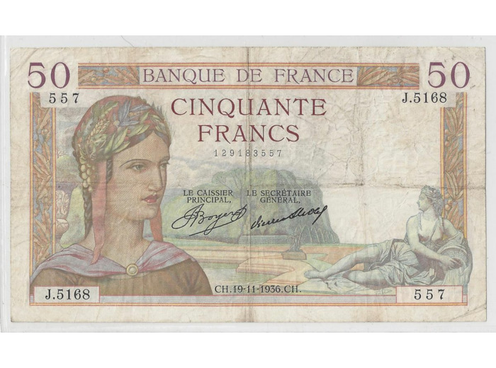 FRANCE 50 FRANCS CERES 19/11/1936 TB+ J.5168