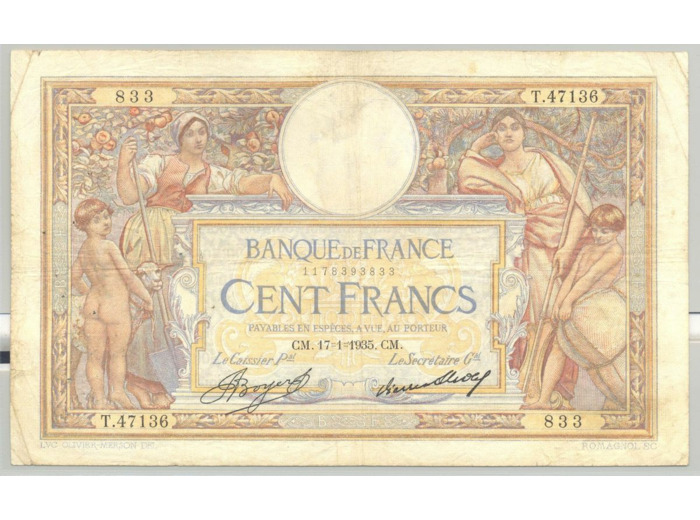 FRANCE 100 FRANCS MERSON SANS LOM SERIE T.47136 17-01-1935 TB+