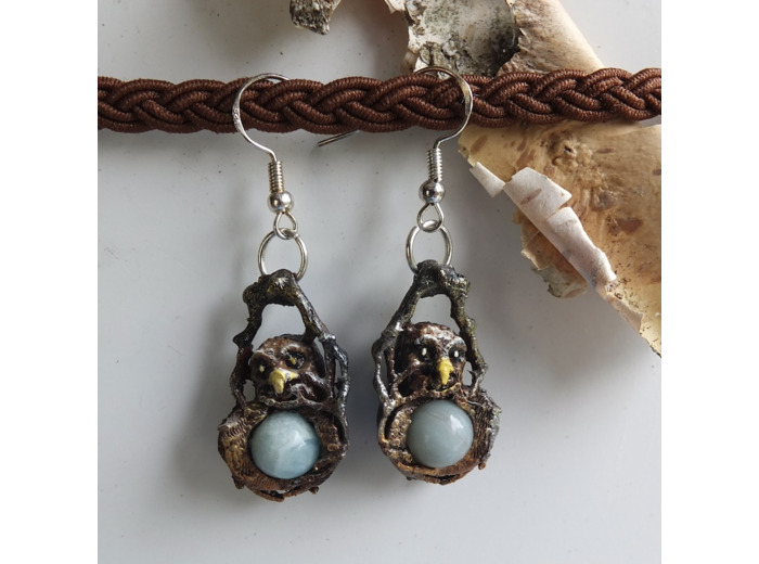 Boucles d'oreilles "Les ailes de la nuit" Chouette et pierre naturelle Agate