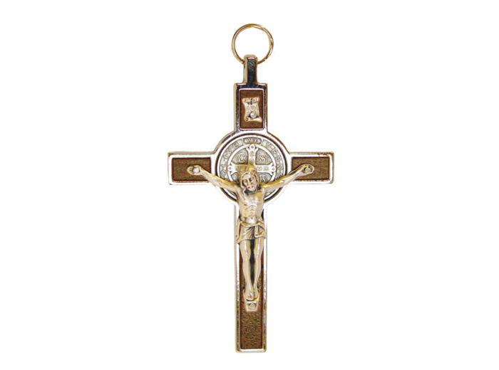 Croix de St Benoît en Métal Argenté avec Bois 8cm - MARRON