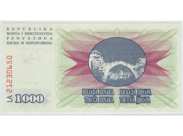 BOSNIE HERZEGOVINE 1000 DINARA 01-07-1992 SERIE LA SPL