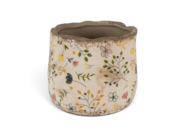 Pot fleuri champêtre beige jaune 14x12cm