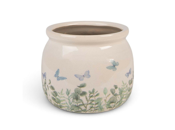 Pot de fleurs rond beige céramique papillons 12x10cm