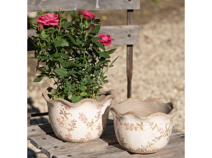 Pot motif floral céramique beige 20x20x13 cm