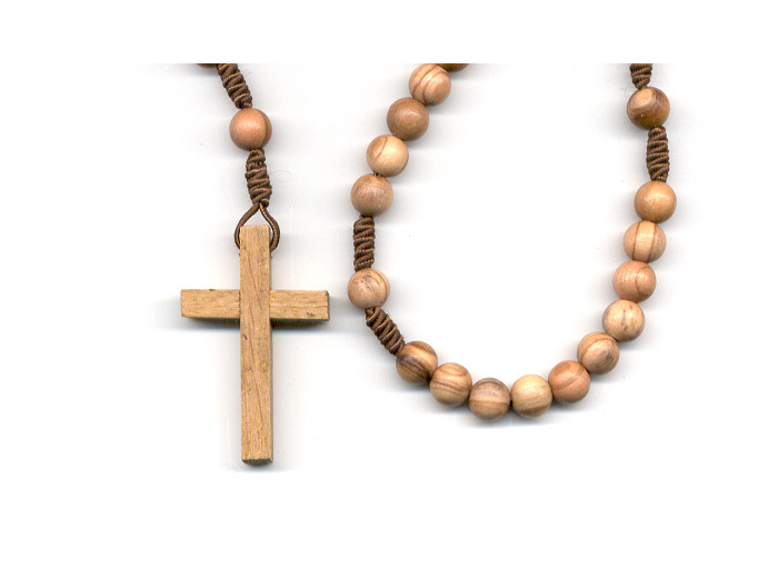 Chapelet OLIVIER sur CORDE grain ROND croix bois SANS Christ