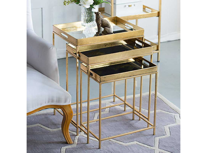 Ensemble 3 tables d'appoint plateau miroir doré 48X36X66cm