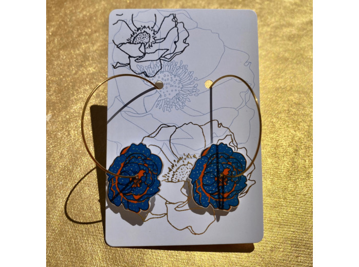 Boucles d'oreilles créoles pivoine coloris bleu et orange pois argent