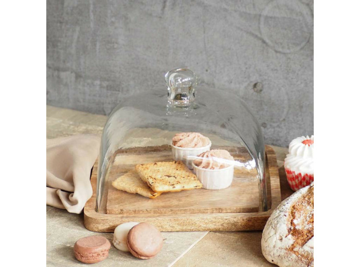 Cloche sur plateau bois verre 17x23x23cm