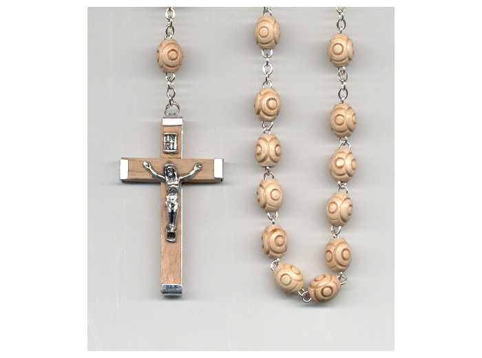 Chapelet BOIS CLAIR chaine argentée grains ovales+croix bois+christ