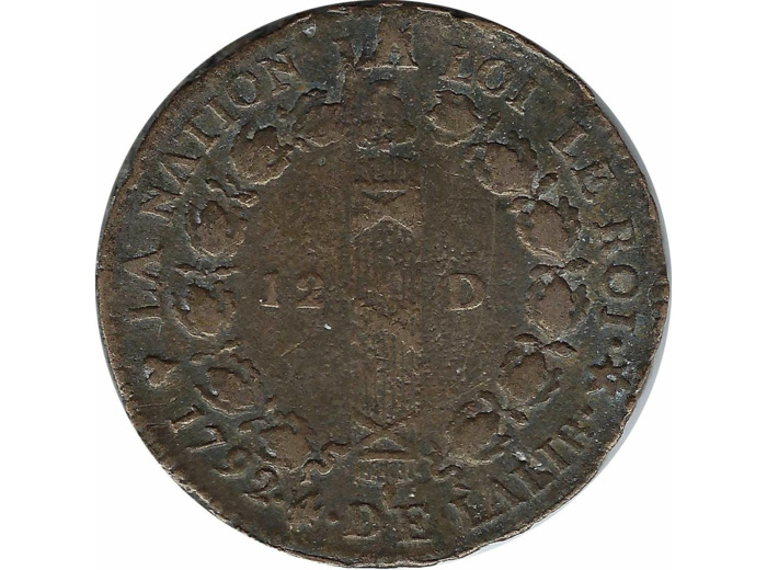FRANCE 12 DENIERS FRANÇAIS 1792 an 4 BB (Strasbourg) TB N1