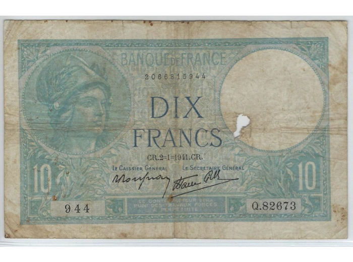 FRANCE 10 FRANCS MINERVE 2-1-1941 SERIE Q.82673 TB-