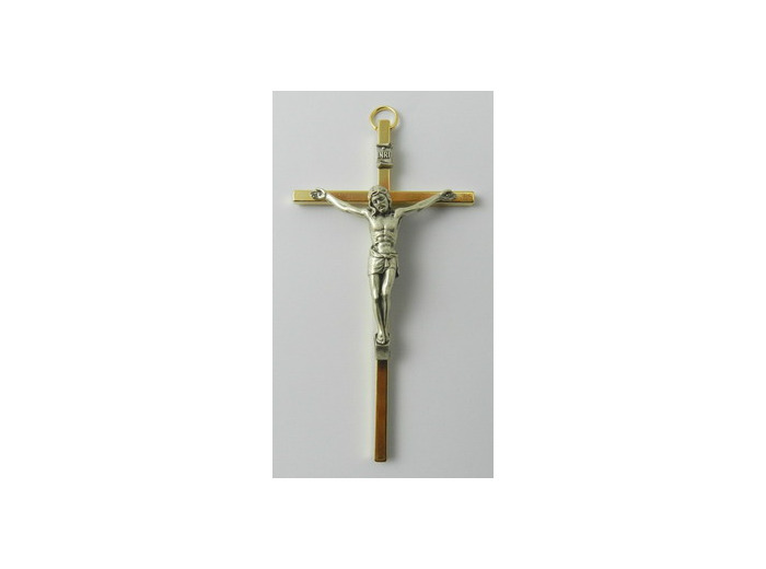 Crucifix plate métal doré 11cm - Christ argenté